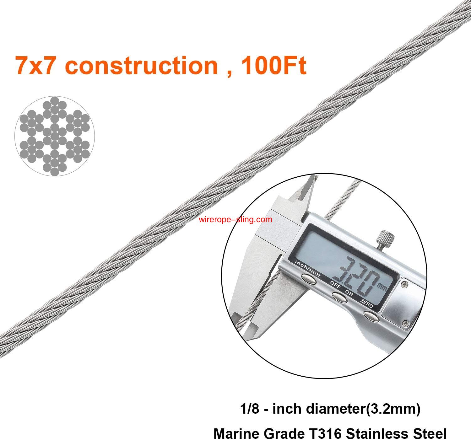 T316 Marine class 3 mm Stainless Steel Aircraft Wire rope Cable for Rails, decks, DIY Rails, 100 feet