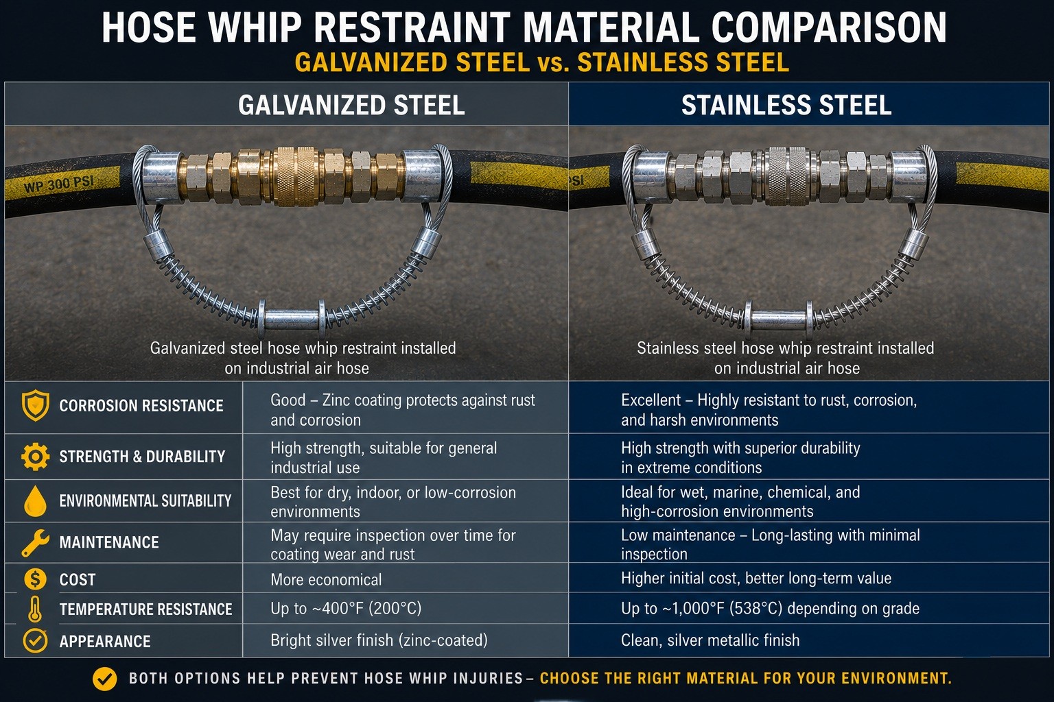 Galvanized steel and stainless steel hose whip restraint material comparison Galvanized steel and stainless steel hose whip restraint material comparison