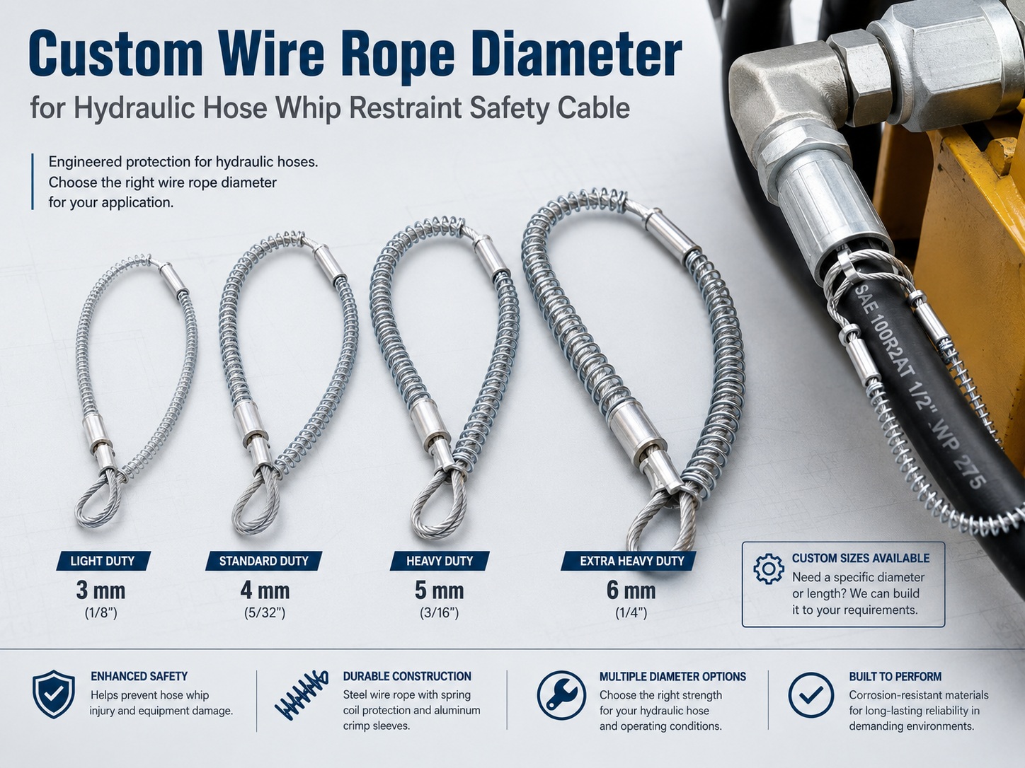 Custom wire rope diameter for retención de látigo de manguera hidráulica safety cable Custom wire rope diameter for retención de látigo de manguera hidráulica safety cable