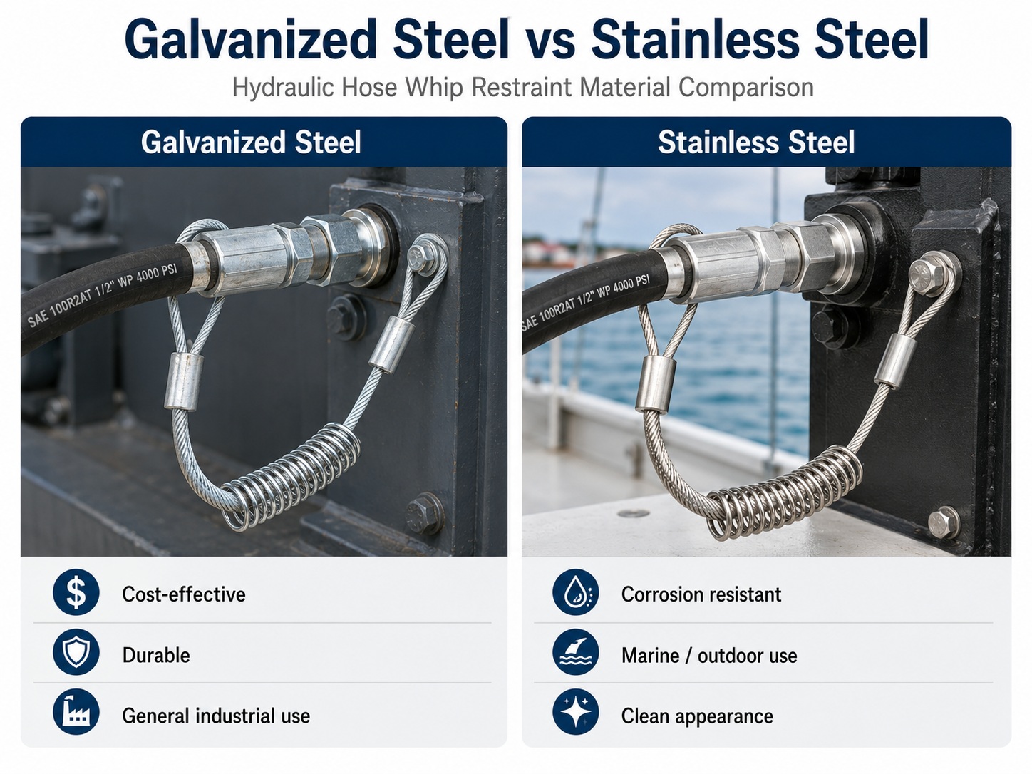 Galvanized steel and stainless steel retención de látigo de manguera hidráulica material comparison Galvanized steel and stainless steel retención de látigo de manguera hidráulica material comparison