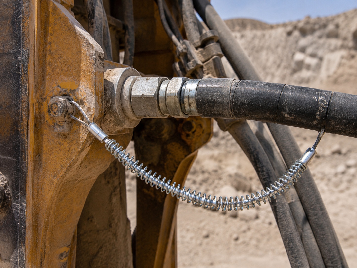 Mining retención de látigo de manguera hidráulica installed on heavy equipment hose connection Mining retención de látigo de manguera hidráulica installed on heavy equipment hose connection