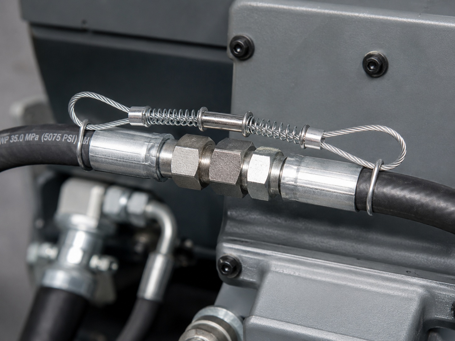 High pressure hose restraint for hydraulic hose connection High pressure hose restraint for hydraulic hose connection